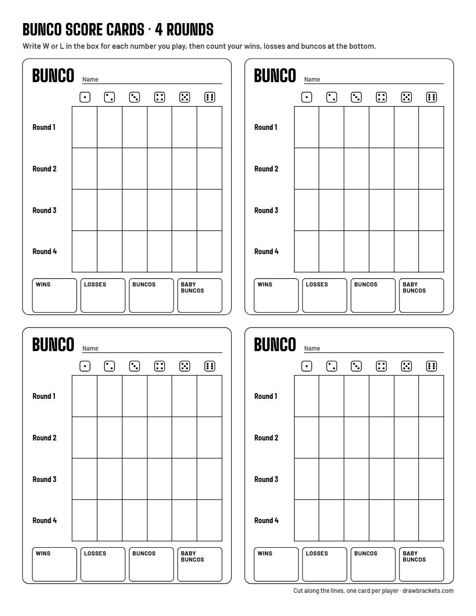 Printable bunco score sheet: four player cards on a Letter page, each with a W or L box for every number in 4 rounds and a tally for wins, losses, buncos and baby buncos