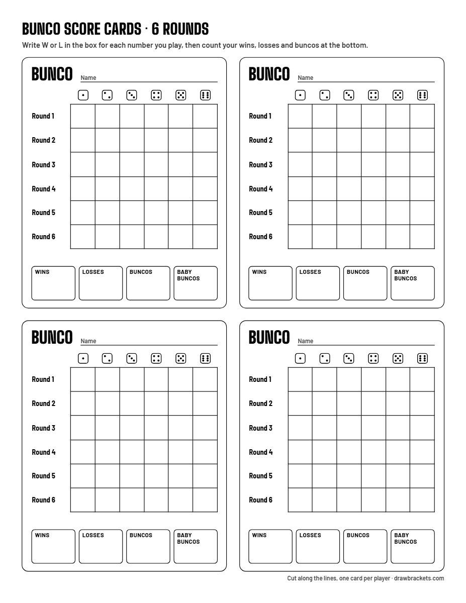 Printable bunco score sheet: four player cards on a Letter page, each with a W or L box for every number in 6 rounds and a tally for wins, losses, buncos and baby buncos