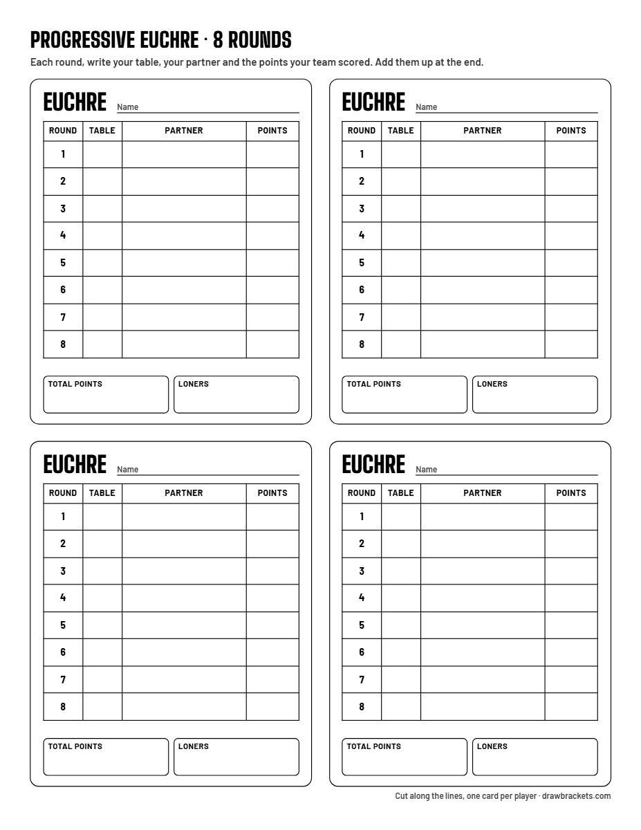 Printable progressive euchre score cards: four player cards on a Letter page, each with 8 rows for round, table, partner and points, and boxes for total points and loners